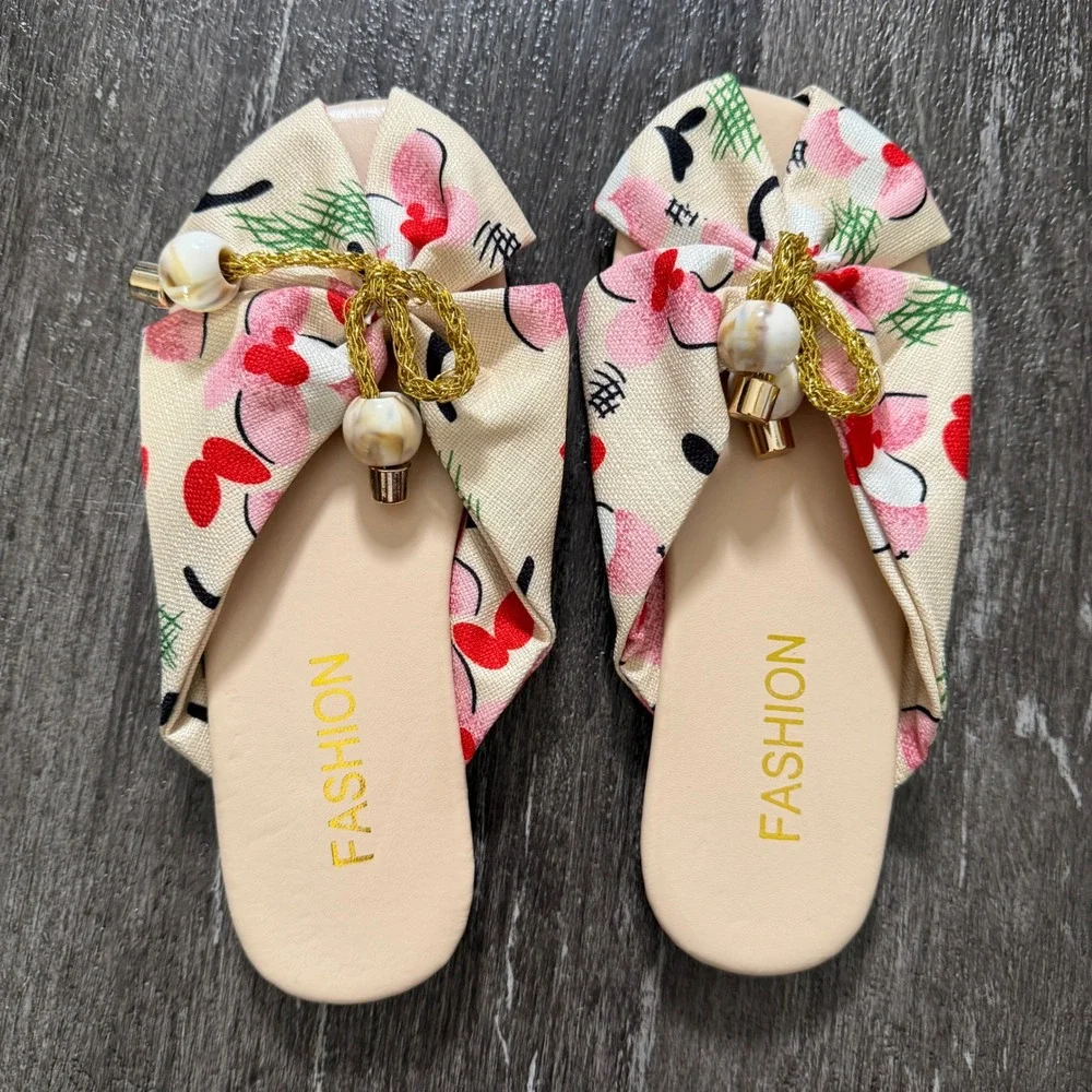 Fashion Women Floral Bow Slide Sandals Open Toe Flat Shoes‎ 36 EU / 5.5 US